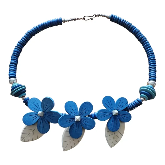 Vintage Leather & Wood Floral Necklace - Picture 1 of 5